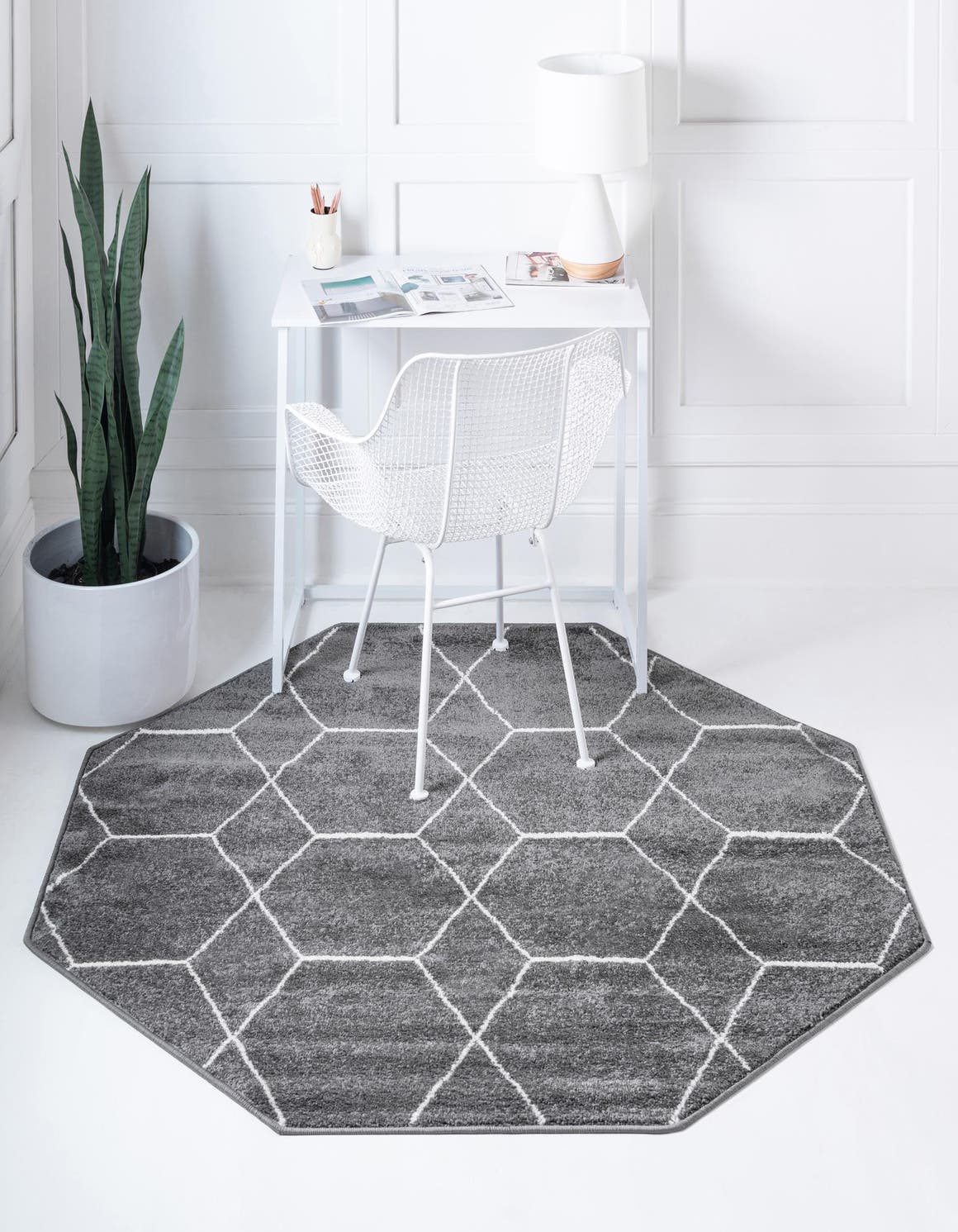 Dark Gray 7' 10 x 7' 10 Trellis Frieze Octagon Area Rug Geometric Modern Unique Stain Resistant Easy Clean Carpet for Living, Dining, Bedrooms, Office for Sale at Rug Engine