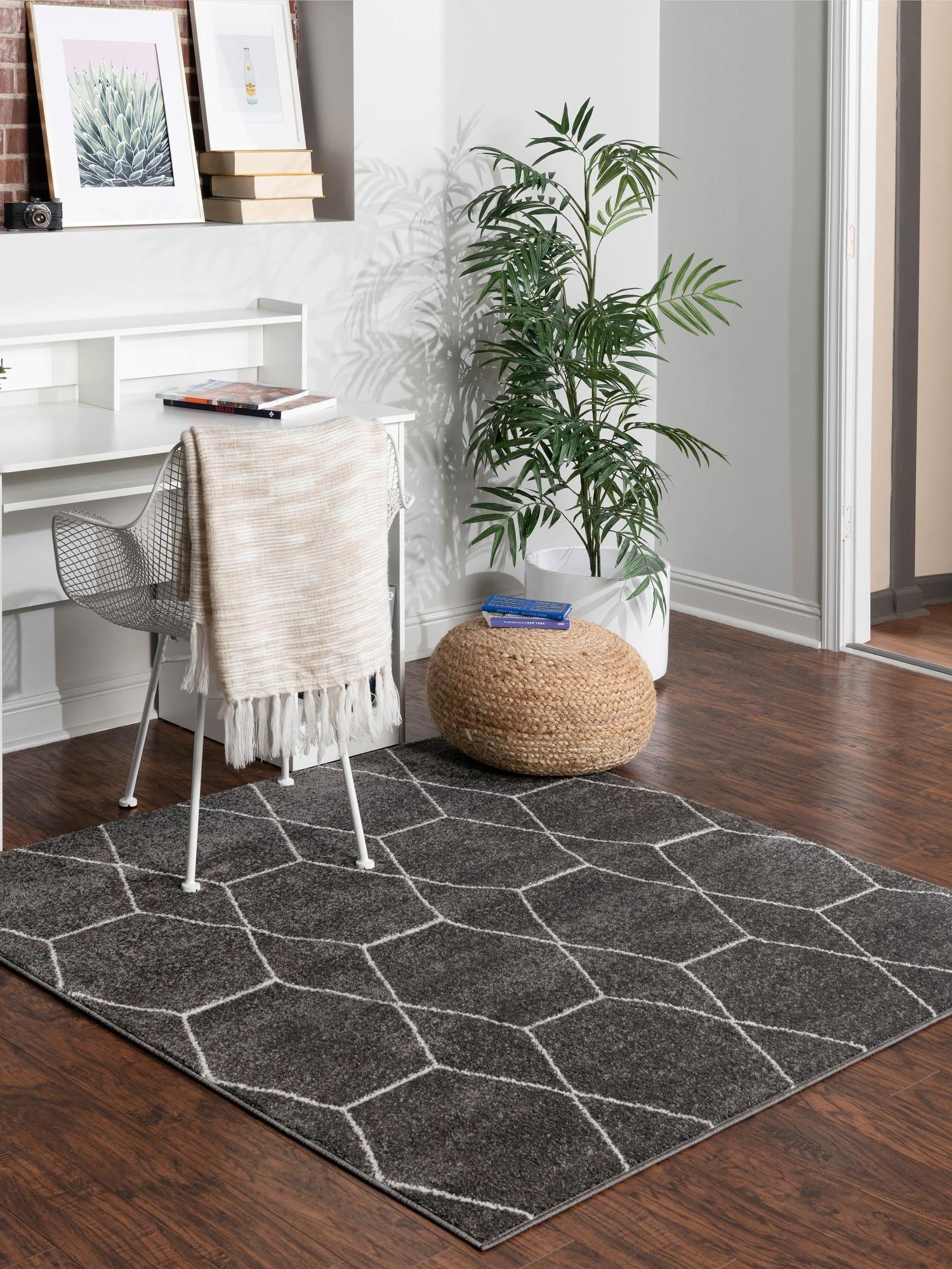 Dark Gray 5' 3 x 5' 3 Trellis Frieze Square Area Rug Geometric Modern Unique Stain Resistant Easy Clean Carpet for Living, Dining, Bedrooms, Office for Sale at Rug Engine