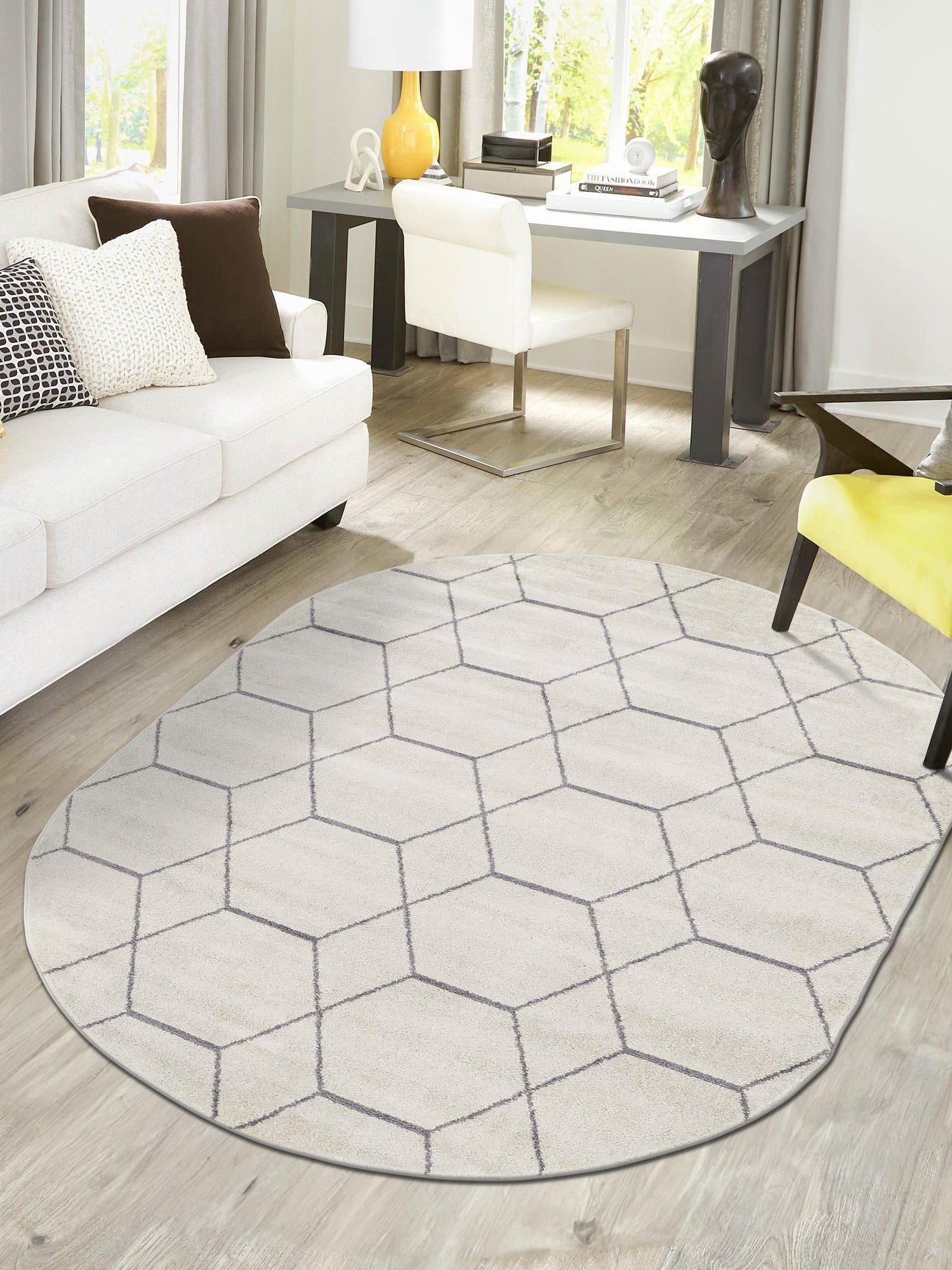 Ivory 3' 1 x 5' 3 Trellis Frieze Oval Area Rug Geometric Modern Unique Stain Resistant Easy Clean Carpet for Living, Dining, Bedrooms, Office for Sale at Rug Engine