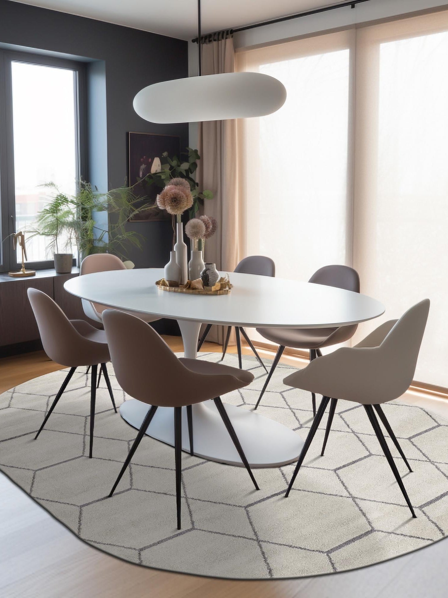 Ivory 4' 1 x 6' 1 Trellis Frieze Oval Area Rug Geometric Modern Unique Stain Resistant Easy Clean Carpet for Living, Dining, Bedrooms, Office for Sale at Rug Engine