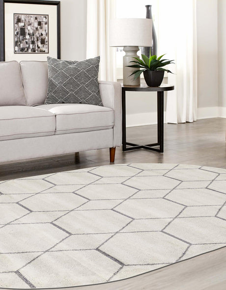 Ivory 4' 1 x 6' 1 Trellis Frieze Oval Area Rug Geometric Modern Unique Stain Resistant Easy Clean Carpet for Living, Dining, Bedrooms, Office for Sale at Rug Engine