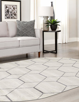 Ivory 3' 1 x 5' 3 Trellis Frieze Oval Area Rug Geometric Modern Unique Stain Resistant Easy Clean Carpet for Living, Dining, Bedrooms, Office for Sale at Rug Engine