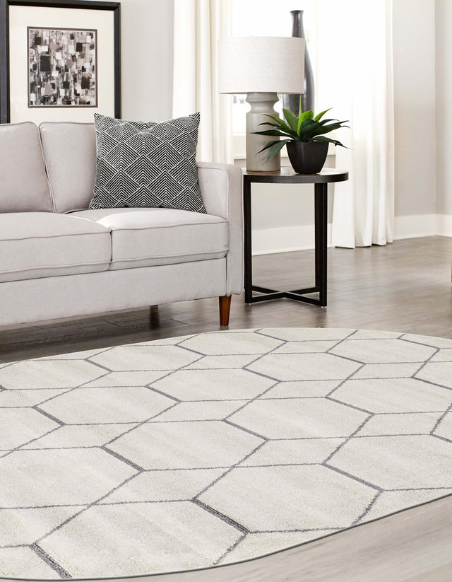 Ivory 3' 1 x 5' 3 Trellis Frieze Oval Area Rug Geometric Modern Unique Stain Resistant Easy Clean Carpet for Living, Dining, Bedrooms, Office for Sale at Rug Engine