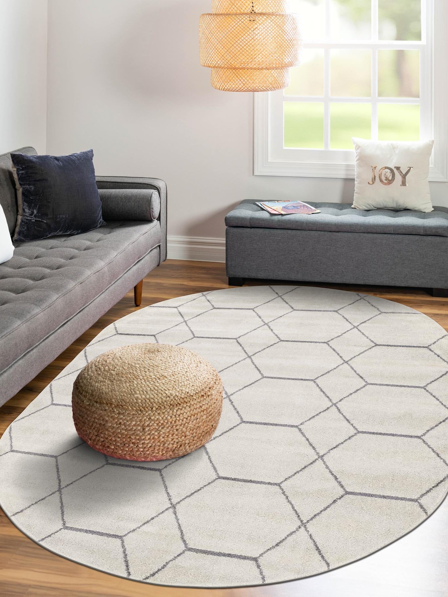 Ivory 3' 1 x 5' 3 Trellis Frieze Oval Area Rug Geometric Modern Unique Stain Resistant Easy Clean Carpet for Living, Dining, Bedrooms, Office for Sale at Rug Engine
