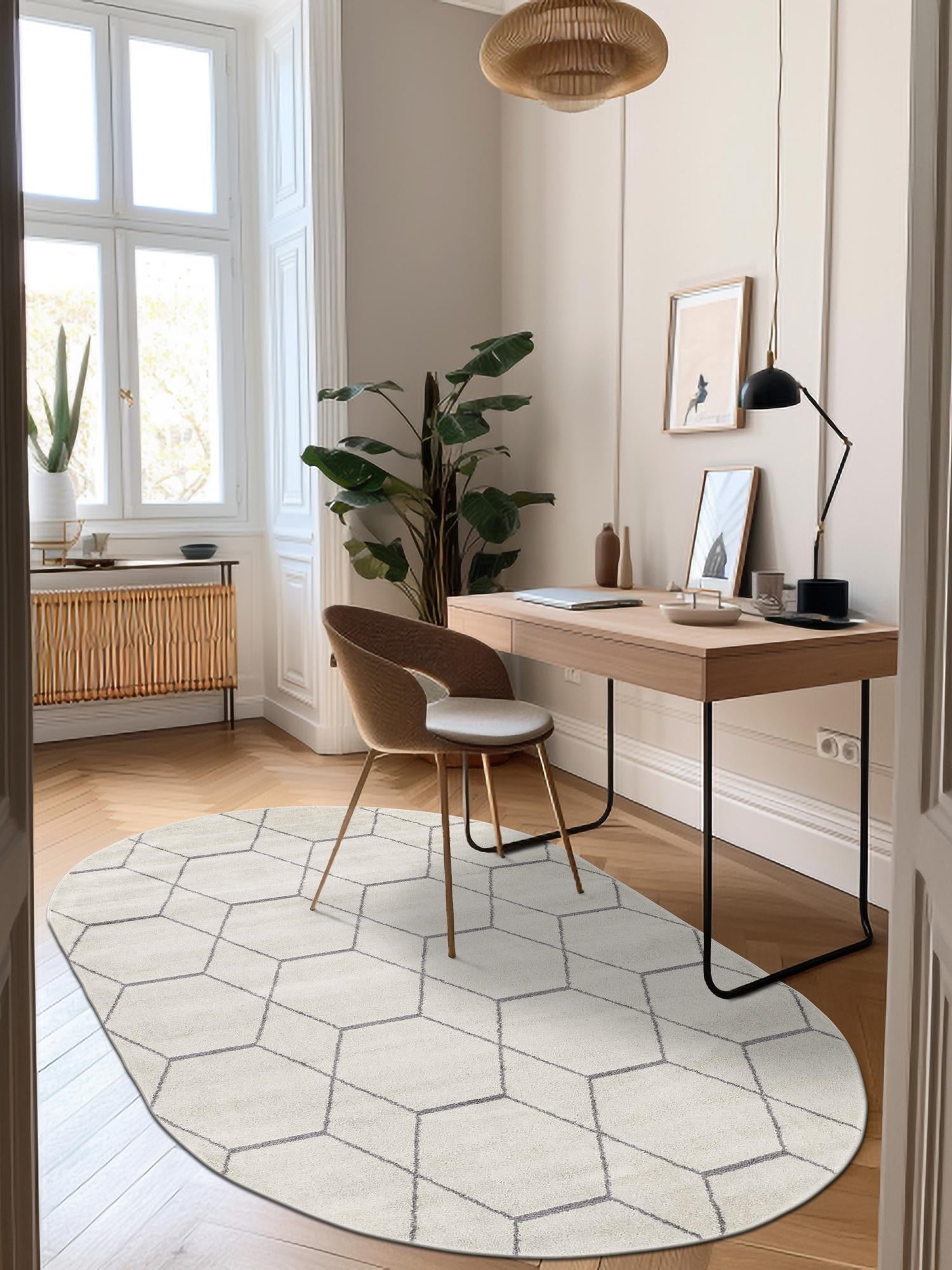 Ivory 3' 1 x 5' 3 Trellis Frieze Oval Area Rug Geometric Modern Unique Stain Resistant Easy Clean Carpet for Living, Dining, Bedrooms, Office for Sale at Rug Engine