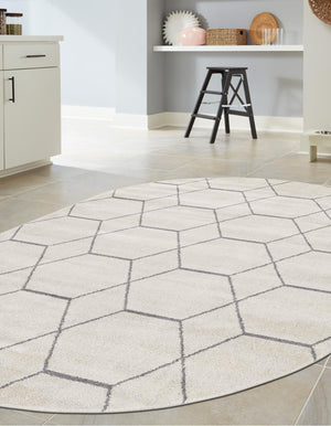 Ivory 3' 1 x 5' 3 Trellis Frieze Oval Area Rug Geometric Modern Unique Stain Resistant Easy Clean Carpet for Living, Dining, Bedrooms, Office for Sale at Rug Engine