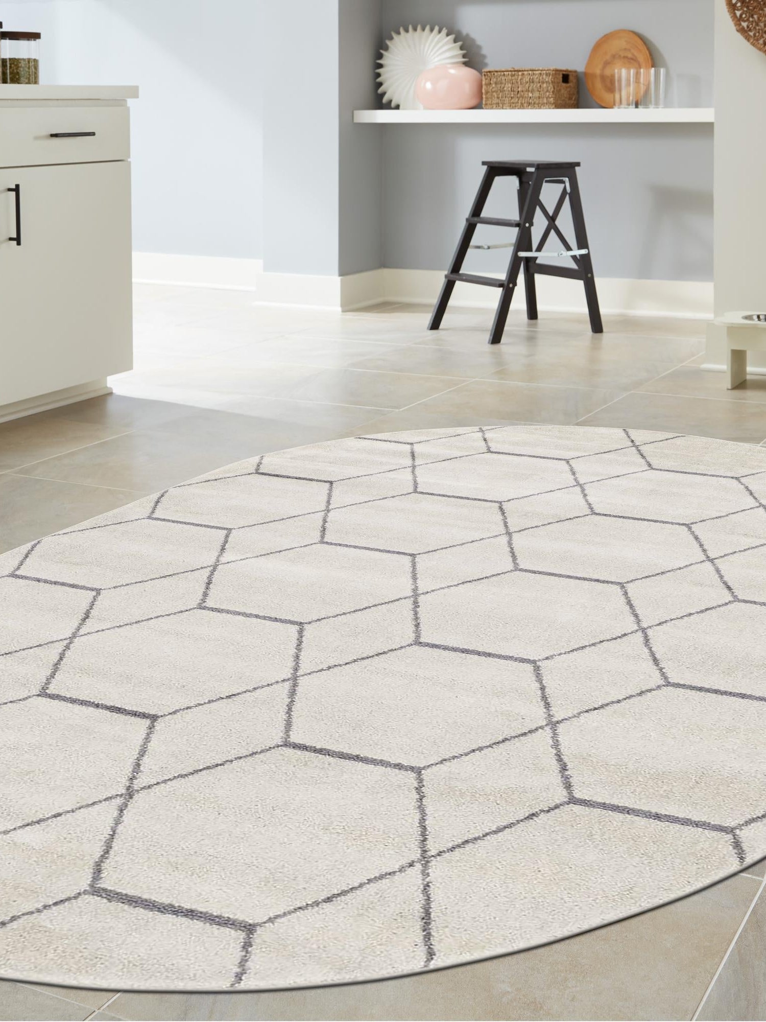 Ivory 4' 1 x 6' 1 Trellis Frieze Oval Area Rug Geometric Modern Unique Stain Resistant Easy Clean Carpet for Living, Dining, Bedrooms, Office for Sale at Rug Engine