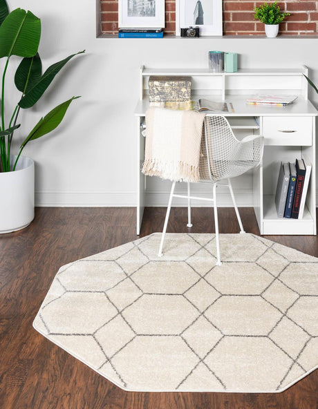 Ivory 5' 3 x 5' 3 Trellis Frieze Octagon Area Rug Geometric Modern Unique Stain Resistant Easy Clean Carpet for Living, Dining, Bedrooms, Office for Sale at Rug Engine