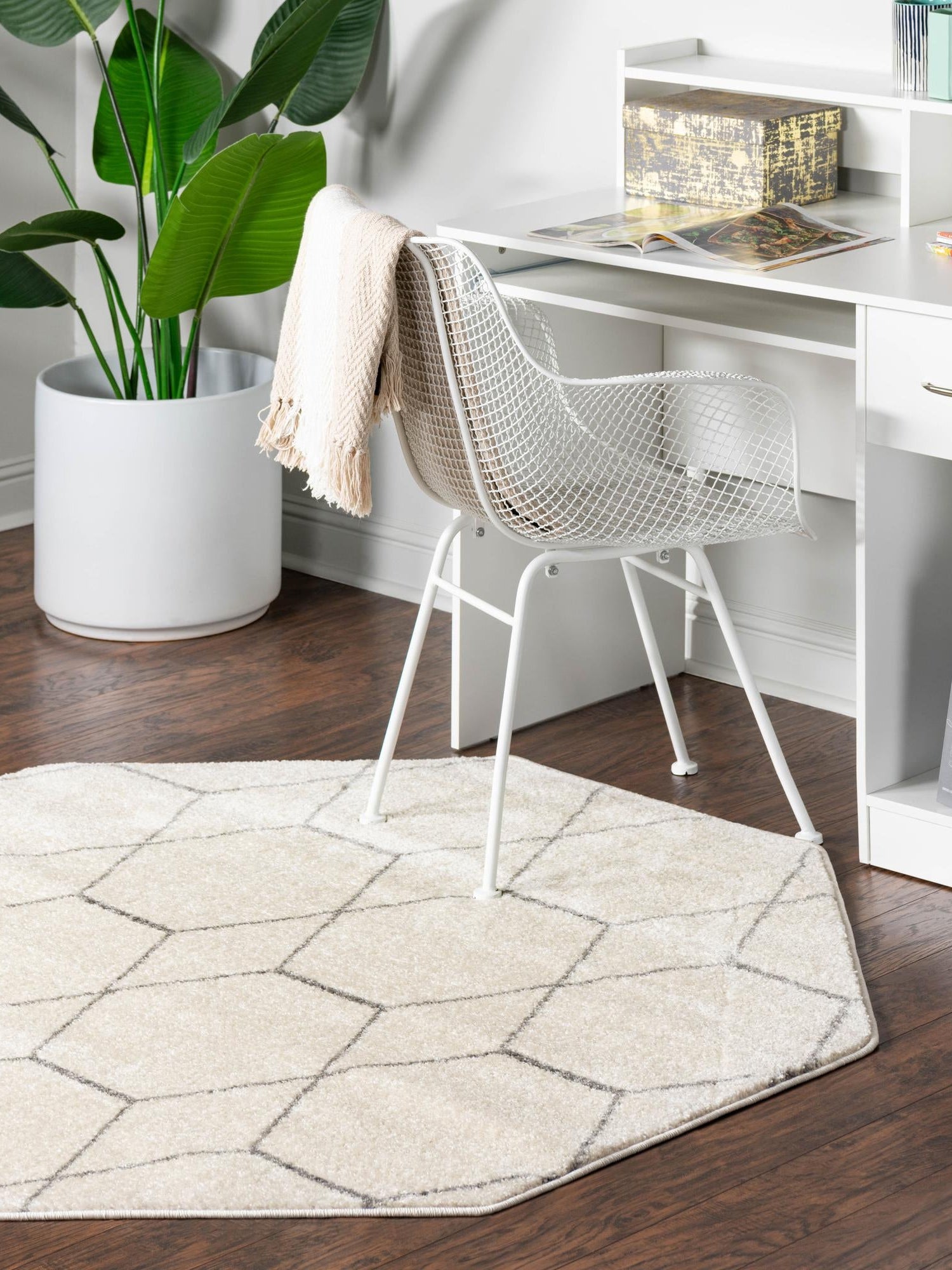 Ivory 5' 3 x 5' 3 Trellis Frieze Octagon Area Rug Geometric Modern Unique Stain Resistant Easy Clean Carpet for Living, Dining, Bedrooms, Office for Sale at Rug Engine