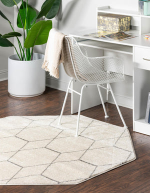 Ivory 5' 3 x 5' 3 Trellis Frieze Octagon Area Rug Geometric Modern Unique Stain Resistant Easy Clean Carpet for Living, Dining, Bedrooms, Office for Sale at Rug Engine
