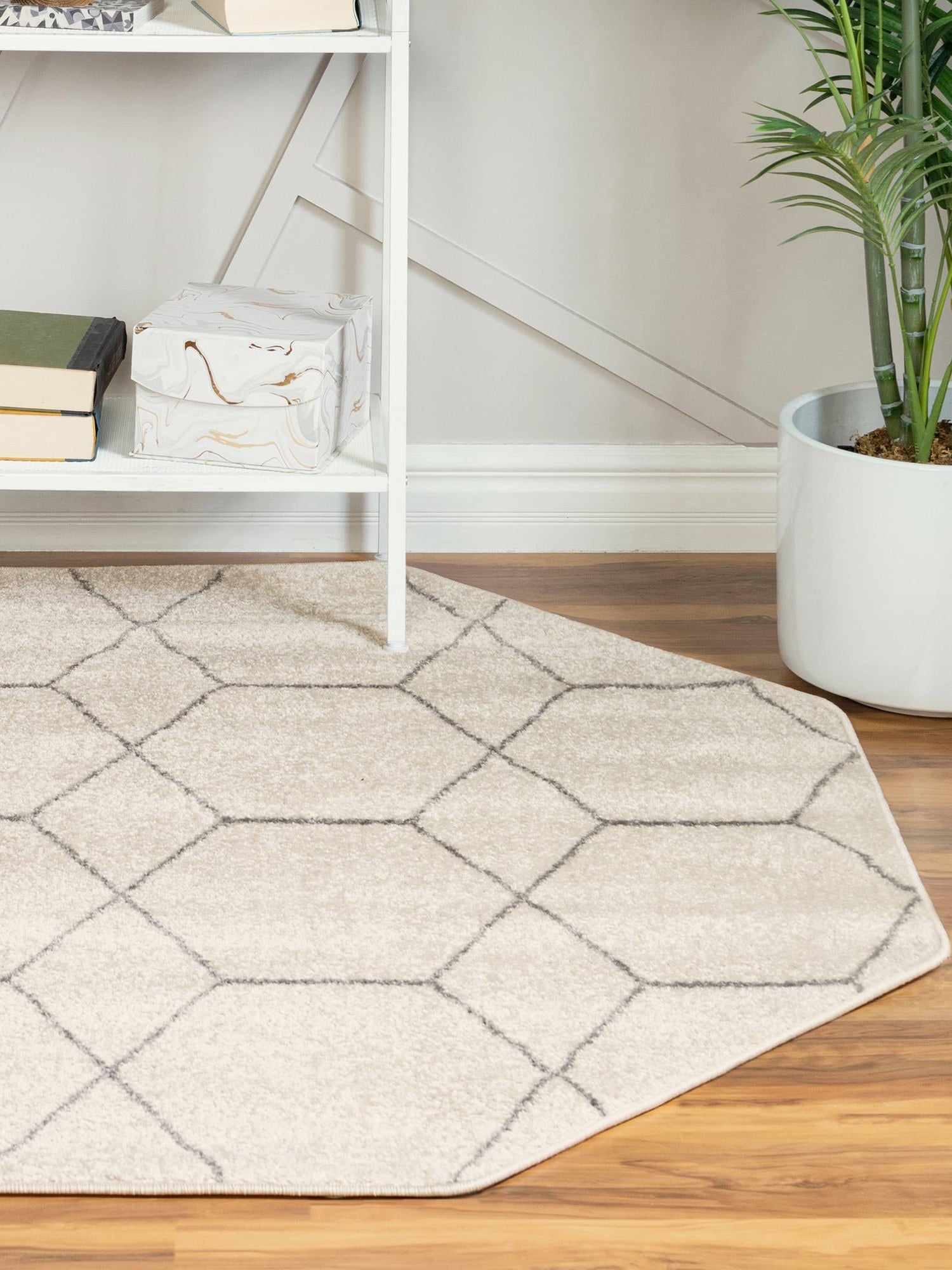 Ivory 5' 3 x 5' 3 Trellis Frieze Octagon Area Rug Geometric Modern Unique Stain Resistant Easy Clean Carpet for Living, Dining, Bedrooms, Office for Sale at Rug Engine
