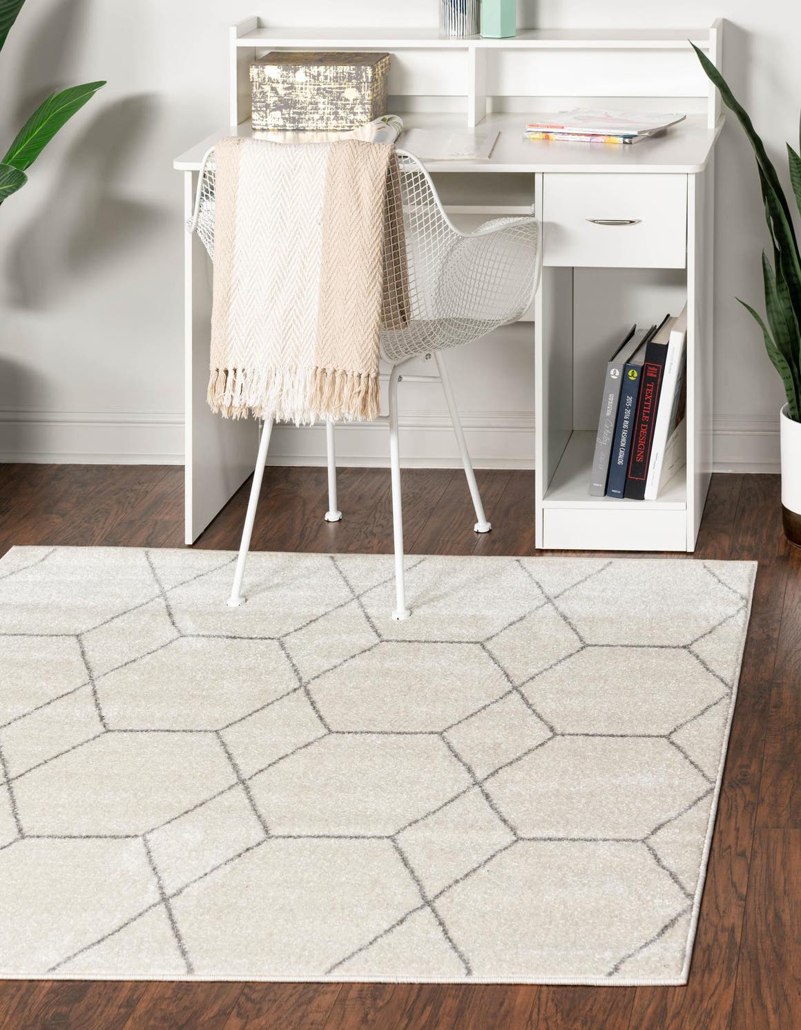 Ivory 7' 10 x 7' 10 Trellis Frieze Square Area Rug Geometric Modern Unique Stain Resistant Easy Clean Carpet for Living, Dining, Bedrooms, Office for Sale at Rug Engine