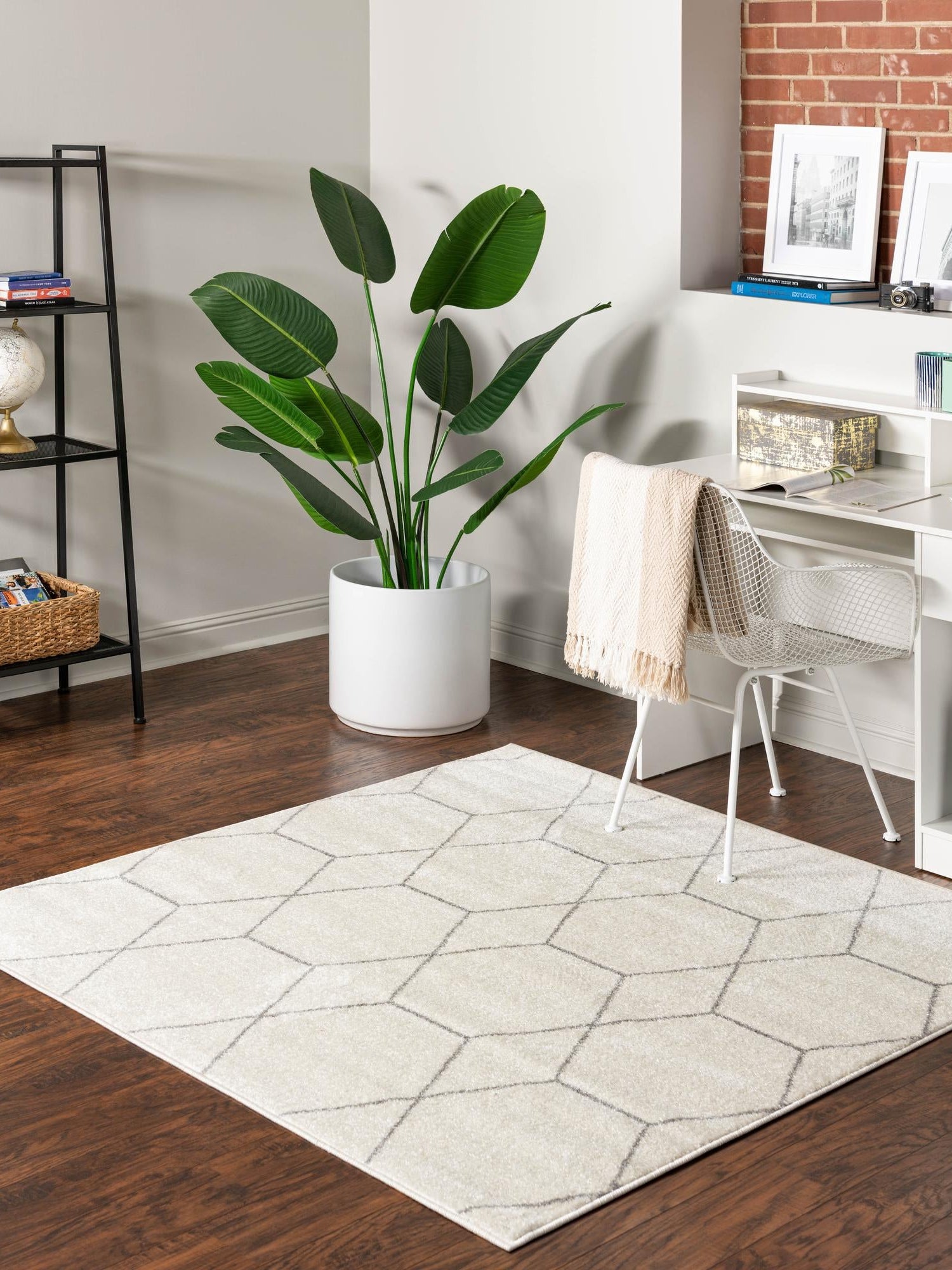 Ivory 7' 10 x 7' 10 Trellis Frieze Square Area Rug Geometric Modern Unique Stain Resistant Easy Clean Carpet for Living, Dining, Bedrooms, Office for Sale at Rug Engine