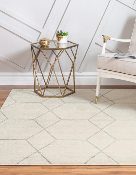 Ivory 4' 1 x 4' 1 Trellis Frieze Square Area Rug Geometric Modern Unique Stain Resistant Easy Clean Carpet for Living, Dining, Bedrooms, Office for Sale at Rug Engine