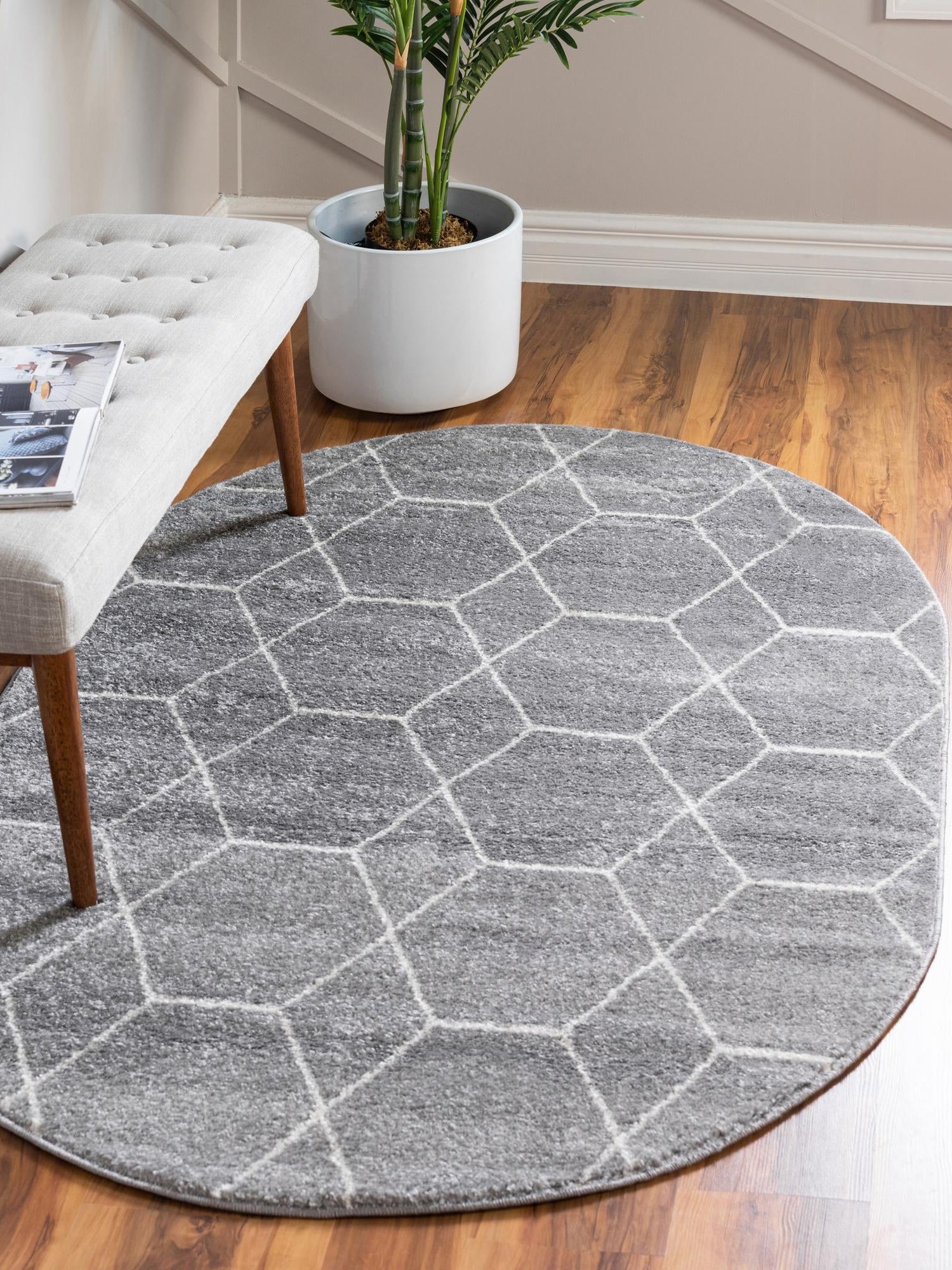 Light Gray 5' 3 x 8' Trellis Frieze Oval Area Rug Geometric Modern Unique Stain Resistant Easy Clean Carpet for Living, Dining, Bedrooms, Office for Sale at Rug Engine