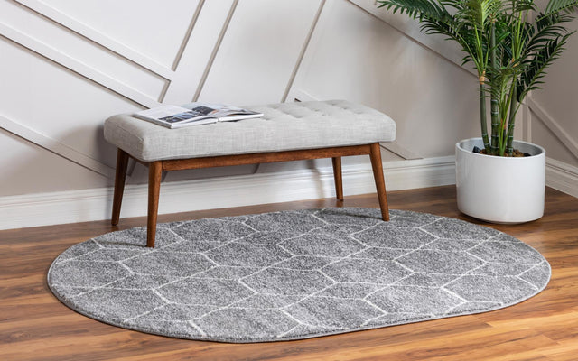 Light Gray 4' 1 x 6' 1 Trellis Frieze Oval Area Rug Geometric Modern Unique Stain Resistant Easy Clean Carpet for Living, Dining, Bedrooms, Office for Sale at Rug Engine