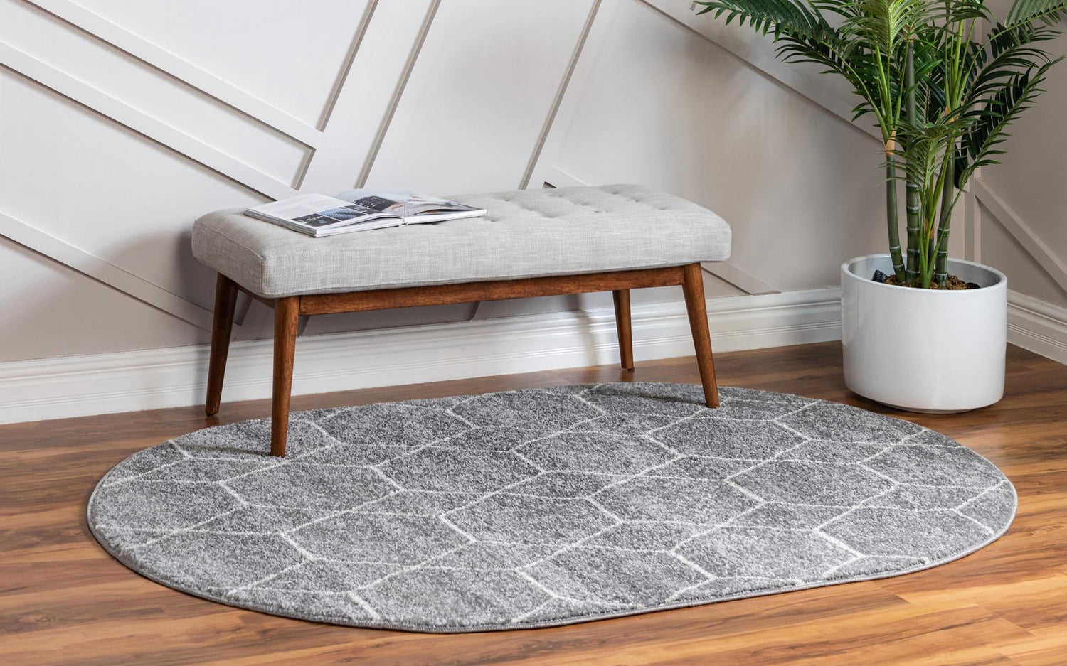 Light Gray 3' 1 x 5' 3 Trellis Frieze Oval Area Rug Geometric Modern Unique Stain Resistant Easy Clean Carpet for Living, Dining, Bedrooms, Office for Sale at Rug Engine