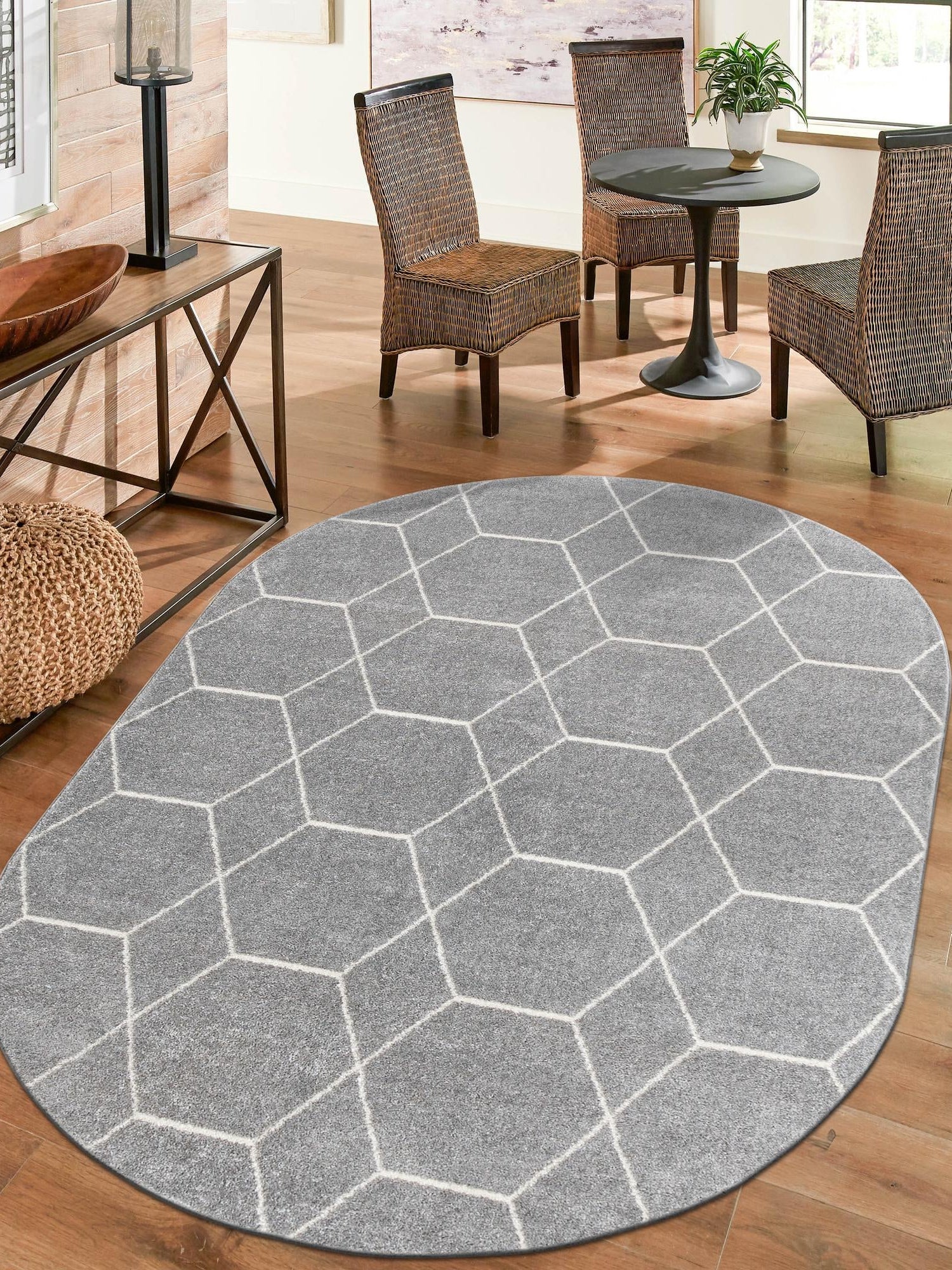 Light Gray 3' 1 x 5' 3 Trellis Frieze Oval Area Rug Geometric Modern Unique Stain Resistant Easy Clean Carpet for Living, Dining, Bedrooms, Office for Sale at Rug Engine