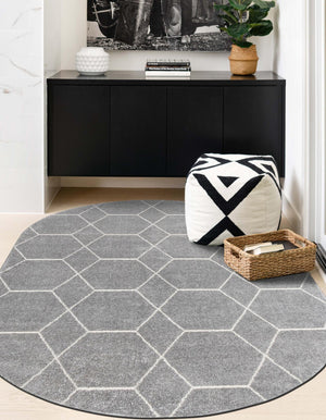 Light Gray 5' 3 x 8' Trellis Frieze Oval Area Rug Geometric Modern Unique Stain Resistant Easy Clean Carpet for Living, Dining, Bedrooms, Office for Sale at Rug Engine