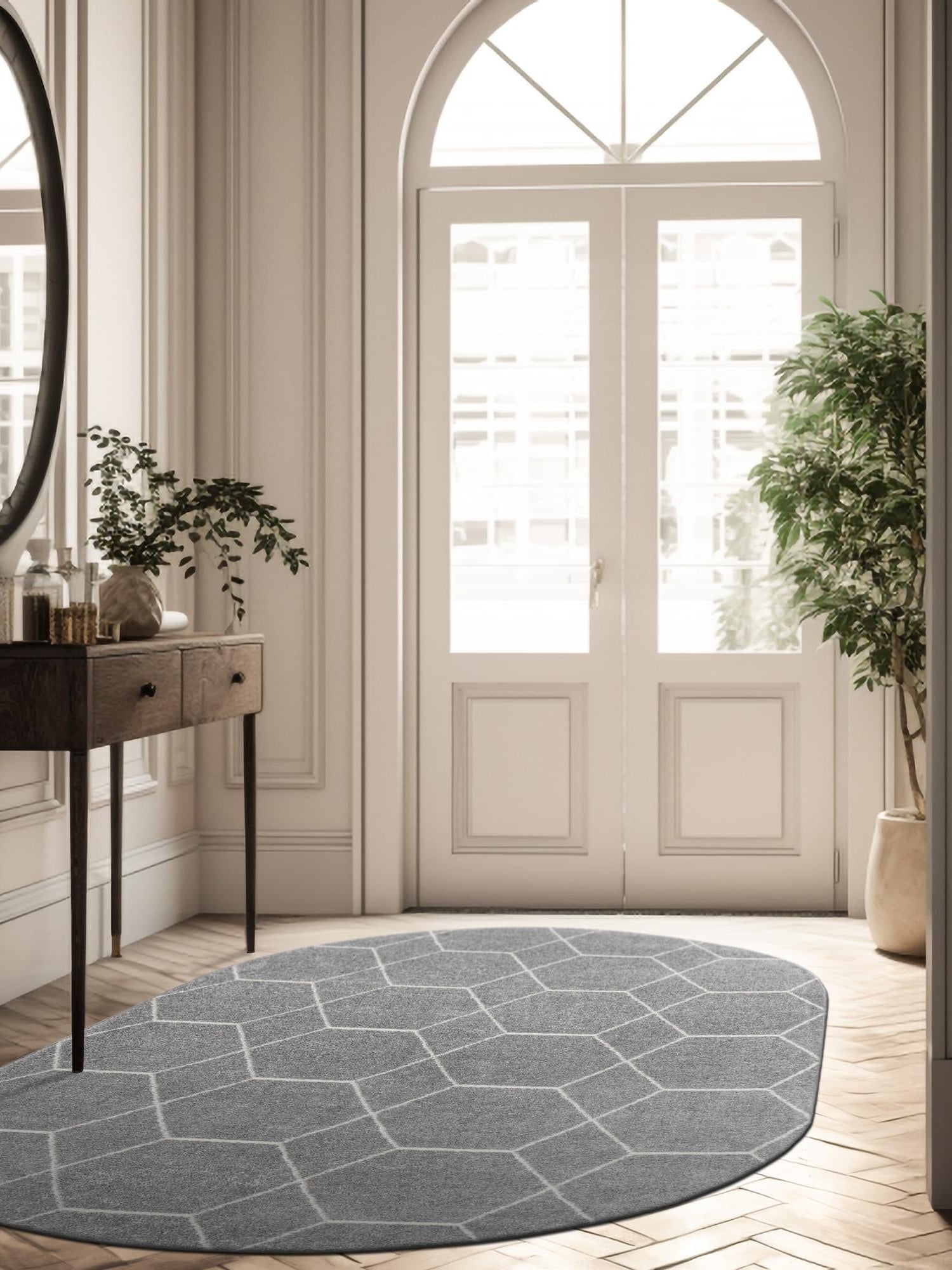 Light Gray 3' 1 x 5' 3 Trellis Frieze Oval Area Rug Geometric Modern Unique Stain Resistant Easy Clean Carpet for Living, Dining, Bedrooms, Office for Sale at Rug Engine