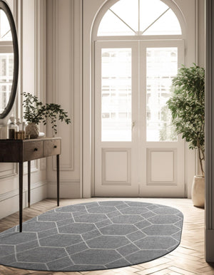 Light Gray 3' 1 x 5' 3 Trellis Frieze Oval Area Rug Geometric Modern Unique Stain Resistant Easy Clean Carpet for Living, Dining, Bedrooms, Office for Sale at Rug Engine