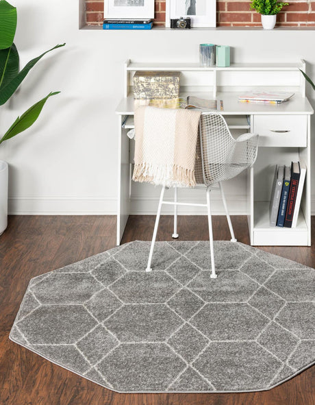 Light Gray 7' 10 x 7' 10 Trellis Frieze Octagon Area Rug Geometric Modern Unique Stain Resistant Easy Clean Carpet for Living, Dining, Bedrooms, Office for Sale at Rug Engine