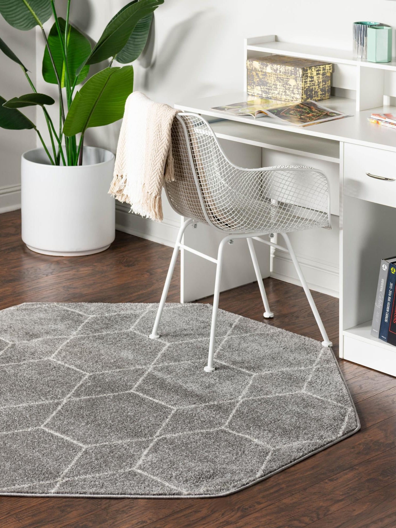 Light Gray 7' 10 x 7' 10 Trellis Frieze Octagon Area Rug Geometric Modern Unique Stain Resistant Easy Clean Carpet for Living, Dining, Bedrooms, Office for Sale at Rug Engine