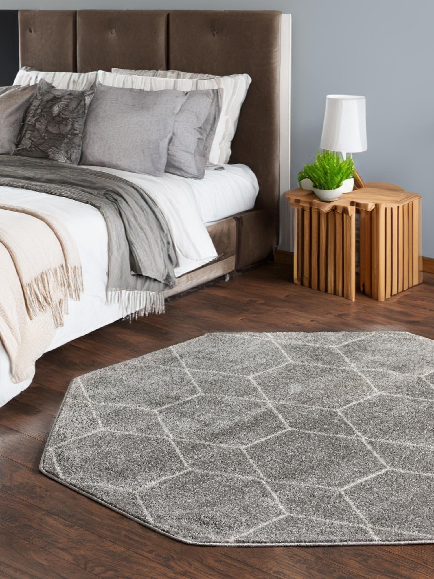 Light Gray 7' 10 x 7' 10 Trellis Frieze Octagon Area Rug Geometric Modern Unique Stain Resistant Easy Clean Carpet for Living, Dining, Bedrooms, Office for Sale at Rug Engine