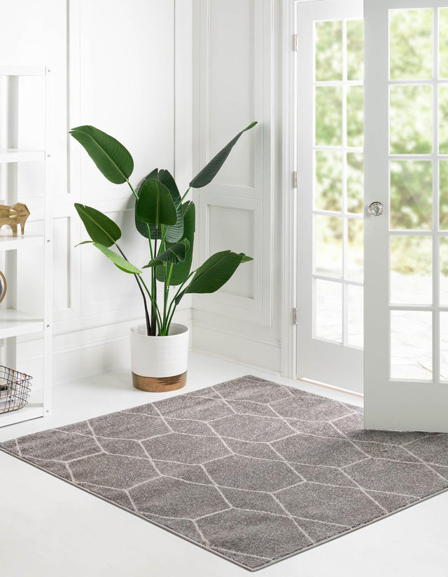 Light Gray 7' 10 x 7' 10 Trellis Frieze Square Area Rug Geometric Modern Unique Stain Resistant Easy Clean Carpet for Living, Dining, Bedrooms, Office for Sale at Rug Engine