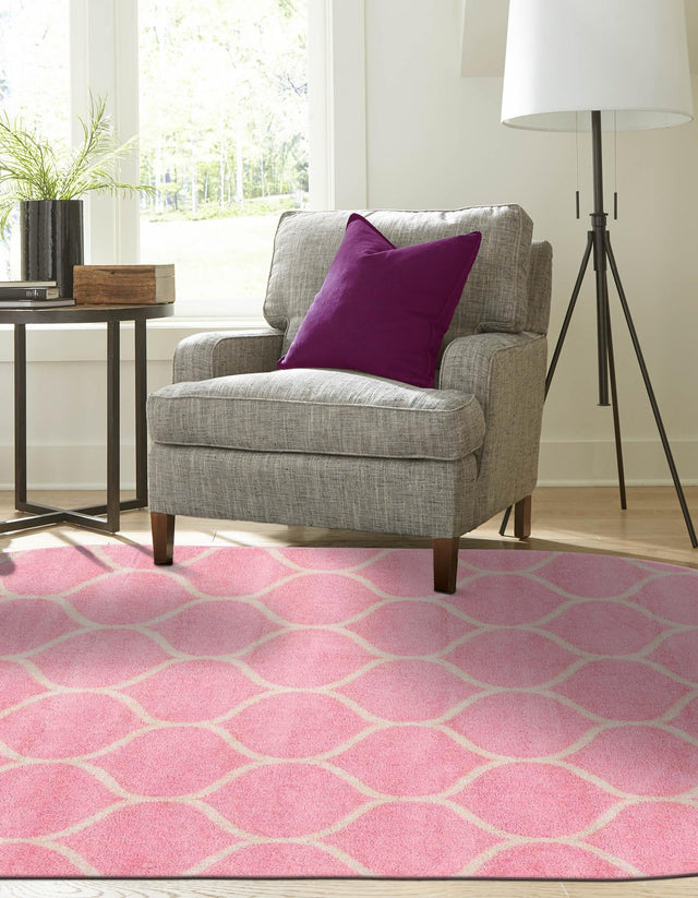 Light Pink 7' 10 x 10' Trellis Frieze Oval Area Rug Geometric Modern Unique Stain Resistant Easy Clean Carpet for Living, Dining, Bedrooms, Office for Sale at Rug Engine