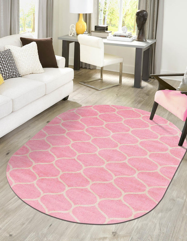 Light Pink 5' 3 x 8' Trellis Frieze Oval Area Rug Geometric Modern Unique Stain Resistant Easy Clean Carpet for Living, Dining, Bedrooms, Office for Sale at Rug Engine