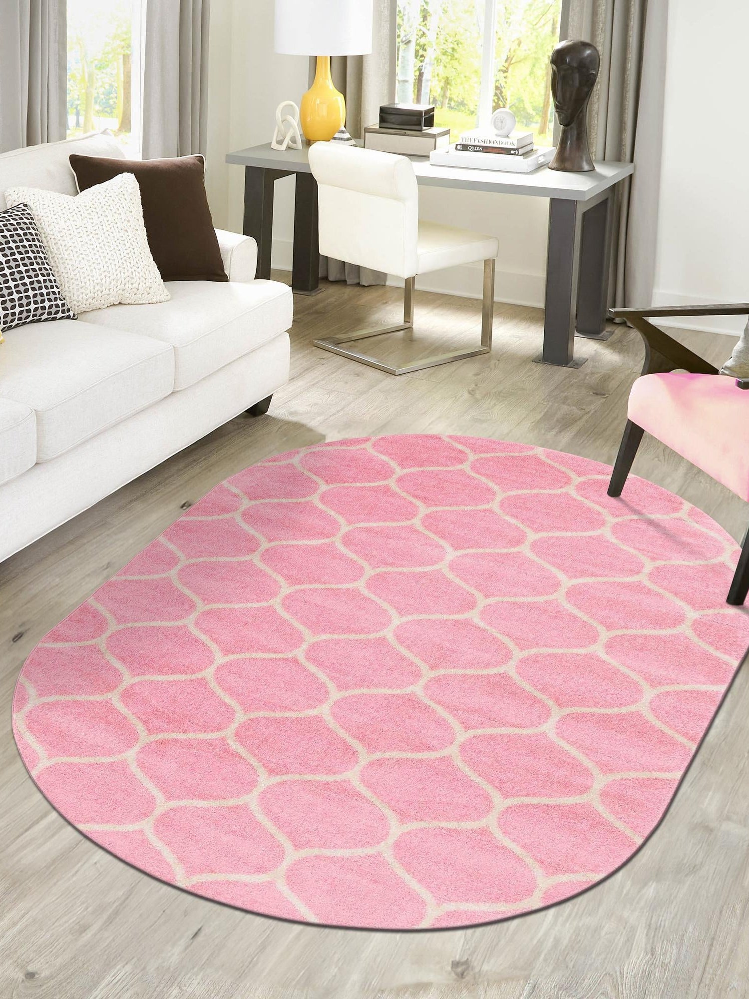 Light Pink 3' 1 x 5' 3 Trellis Frieze Oval Area Rug Geometric Modern Unique Stain Resistant Easy Clean Carpet for Living, Dining, Bedrooms, Office for Sale at Rug Engine