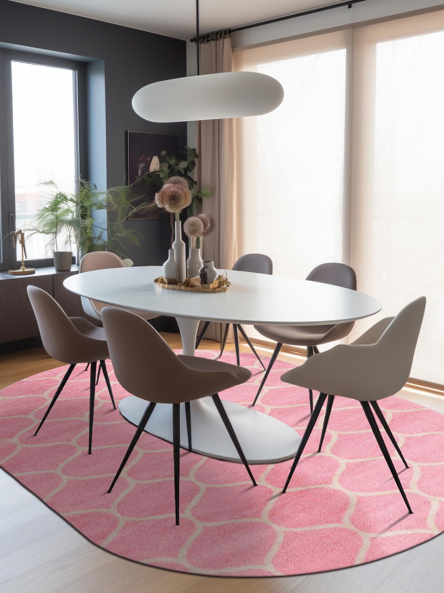 Light Pink 4' 1 x 6' 1 Trellis Frieze Oval Area Rug Geometric Modern Unique Stain Resistant Easy Clean Carpet for Living, Dining, Bedrooms, Office for Sale at Rug Engine
