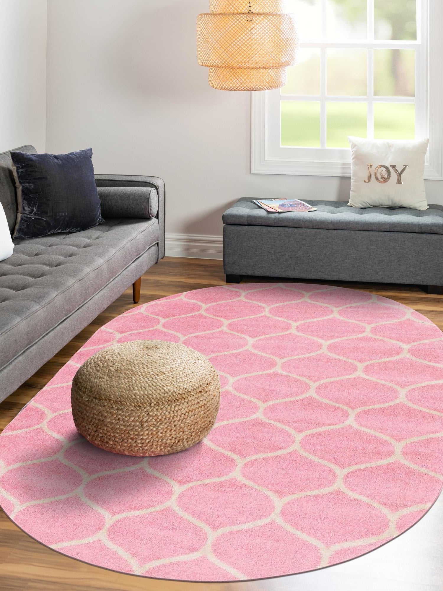 Light Pink 3' 1 x 5' 3 Trellis Frieze Oval Area Rug Geometric Modern Unique Stain Resistant Easy Clean Carpet for Living, Dining, Bedrooms, Office for Sale at Rug Engine