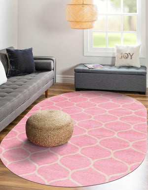 Light Pink 7' 10 x 10' Trellis Frieze Oval Area Rug Geometric Modern Unique Stain Resistant Easy Clean Carpet for Living, Dining, Bedrooms, Office for Sale at Rug Engine