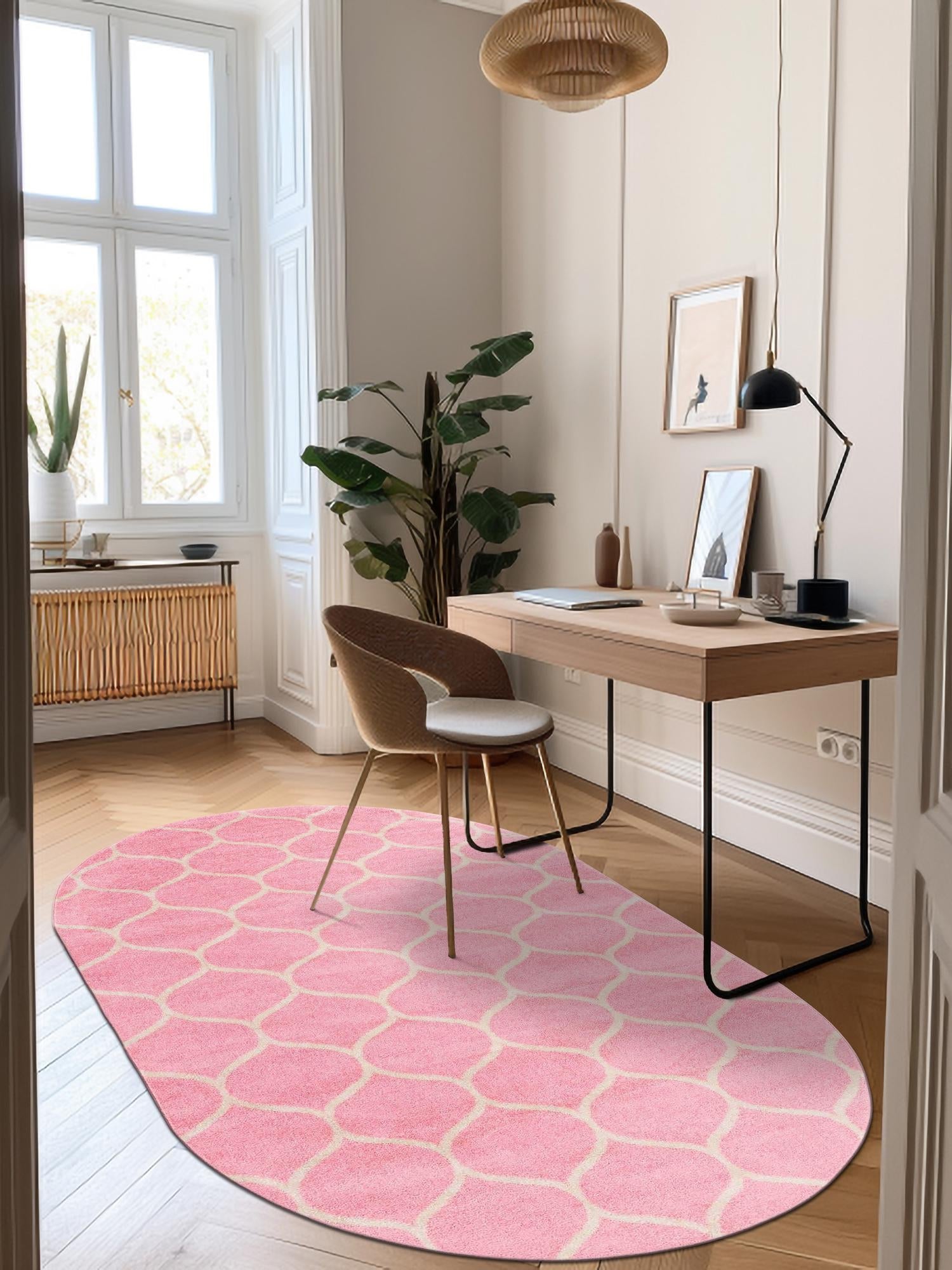 Light Pink 3' 1 x 5' 3 Trellis Frieze Oval Area Rug Geometric Modern Unique Stain Resistant Easy Clean Carpet for Living, Dining, Bedrooms, Office for Sale at Rug Engine