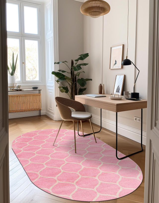 Light Pink 4' 1 x 6' 1 Trellis Frieze Oval Area Rug Geometric Modern Unique Stain Resistant Easy Clean Carpet for Living, Dining, Bedrooms, Office for Sale at Rug Engine