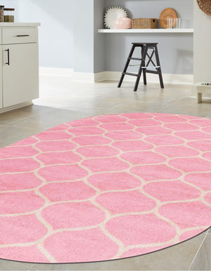 Light Pink 7' 10 x 10' Trellis Frieze Oval Area Rug Geometric Modern Unique Stain Resistant Easy Clean Carpet for Living, Dining, Bedrooms, Office for Sale at Rug Engine
