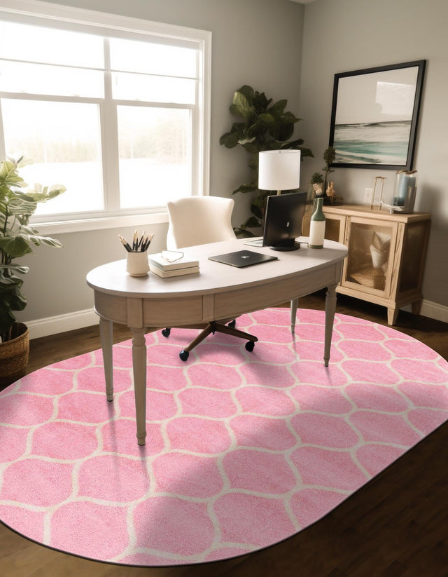 Light Pink 7' 10 x 10' Trellis Frieze Oval Area Rug Geometric Modern Unique Stain Resistant Easy Clean Carpet for Living, Dining, Bedrooms, Office for Sale at Rug Engine