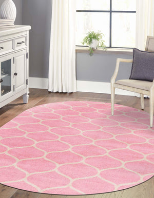 Light Pink 7' 10 x 10' Trellis Frieze Oval Area Rug Geometric Modern Unique Stain Resistant Easy Clean Carpet for Living, Dining, Bedrooms, Office for Sale at Rug Engine