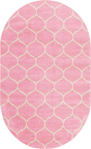 Light Pink 7' 10 x 10' Trellis Frieze Oval Area Rug Geometric Modern Unique Stain Resistant Easy Clean Carpet for Living, Dining, Bedrooms, Office for Sale at Rug Engine