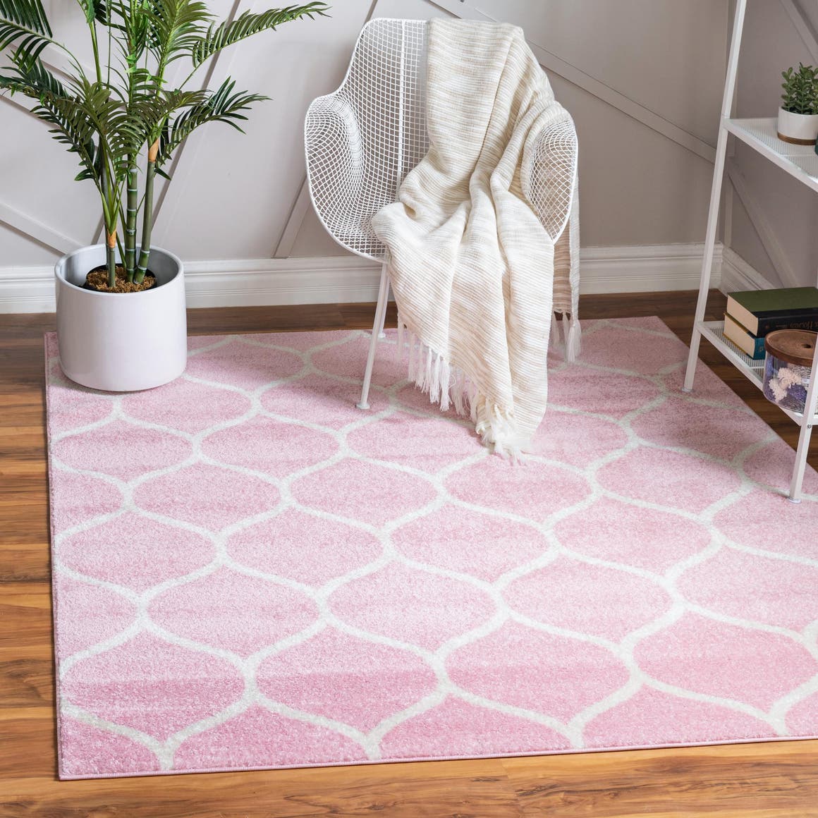Light Pink 7' 1 x 7' 1 Trellis Frieze Square Area Rug Geometric Modern Unique Stain Resistant Easy Clean Carpet for Living, Dining, Bedrooms, Office for Sale at Rug Engine