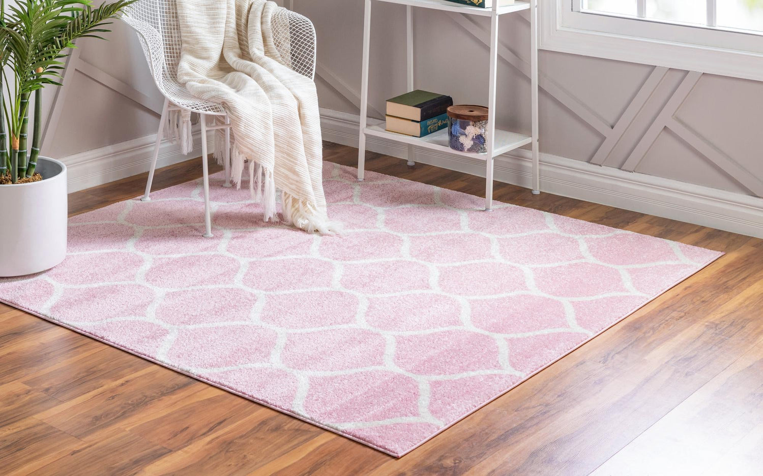 Light Pink 7' 1 x 7' 1 Trellis Frieze Square Area Rug Geometric Modern Unique Stain Resistant Easy Clean Carpet for Living, Dining, Bedrooms, Office for Sale at Rug Engine