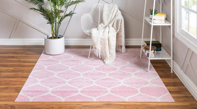 Light Pink 5' 3 x 5' 3 Trellis Frieze Square Area Rug Geometric Modern Unique Stain Resistant Easy Clean Carpet for Living, Dining, Bedrooms, Office for Sale at Rug Engine