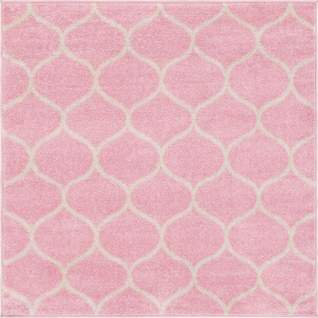Light Pink 7' 10 x 7' 10 Trellis Frieze Square Area Rug Geometric Modern Unique Stain Resistant Easy Clean Carpet for Living, Dining, Bedrooms, Office for Sale at Rug Engine