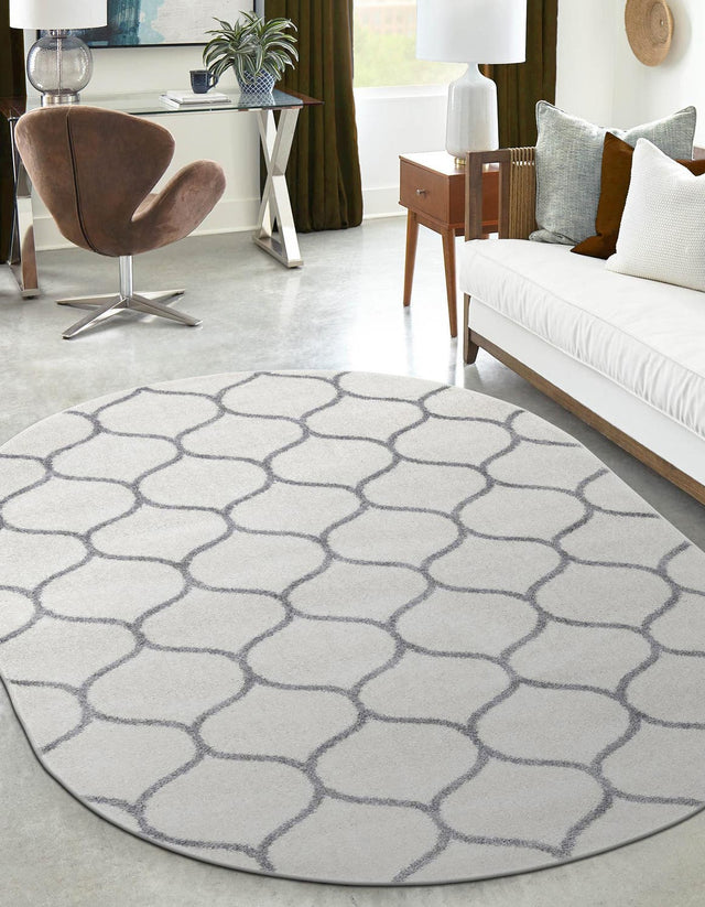 Ivory 7' 10 x 10' Trellis Frieze Oval Area Rug Geometric Modern Unique Stain Resistant Easy Clean Carpet for Living, Dining, Bedrooms, Office for Sale at Rug Engine
