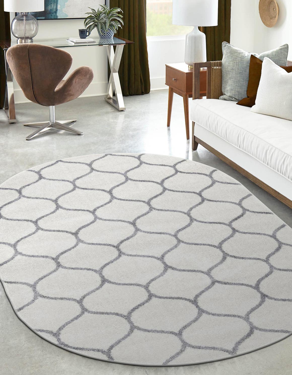 Ivory 3' 1 x 5' 3 Trellis Frieze Oval Area Rug Geometric Modern Unique Stain Resistant Easy Clean Carpet for Living, Dining, Bedrooms, Office for Sale at Rug Engine
