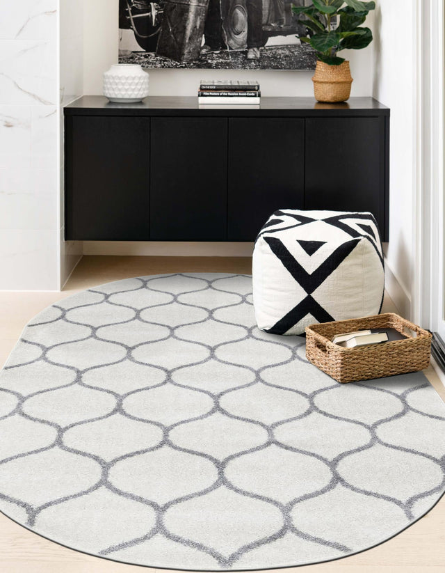 Ivory 7' 10 x 10' Trellis Frieze Oval Area Rug Geometric Modern Unique Stain Resistant Easy Clean Carpet for Living, Dining, Bedrooms, Office for Sale at Rug Engine