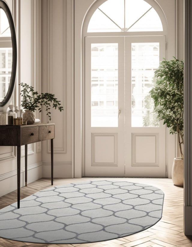 Ivory 4' 1 x 6' 1 Trellis Frieze Oval Area Rug Geometric Modern Unique Stain Resistant Easy Clean Carpet for Living, Dining, Bedrooms, Office for Sale at Rug Engine