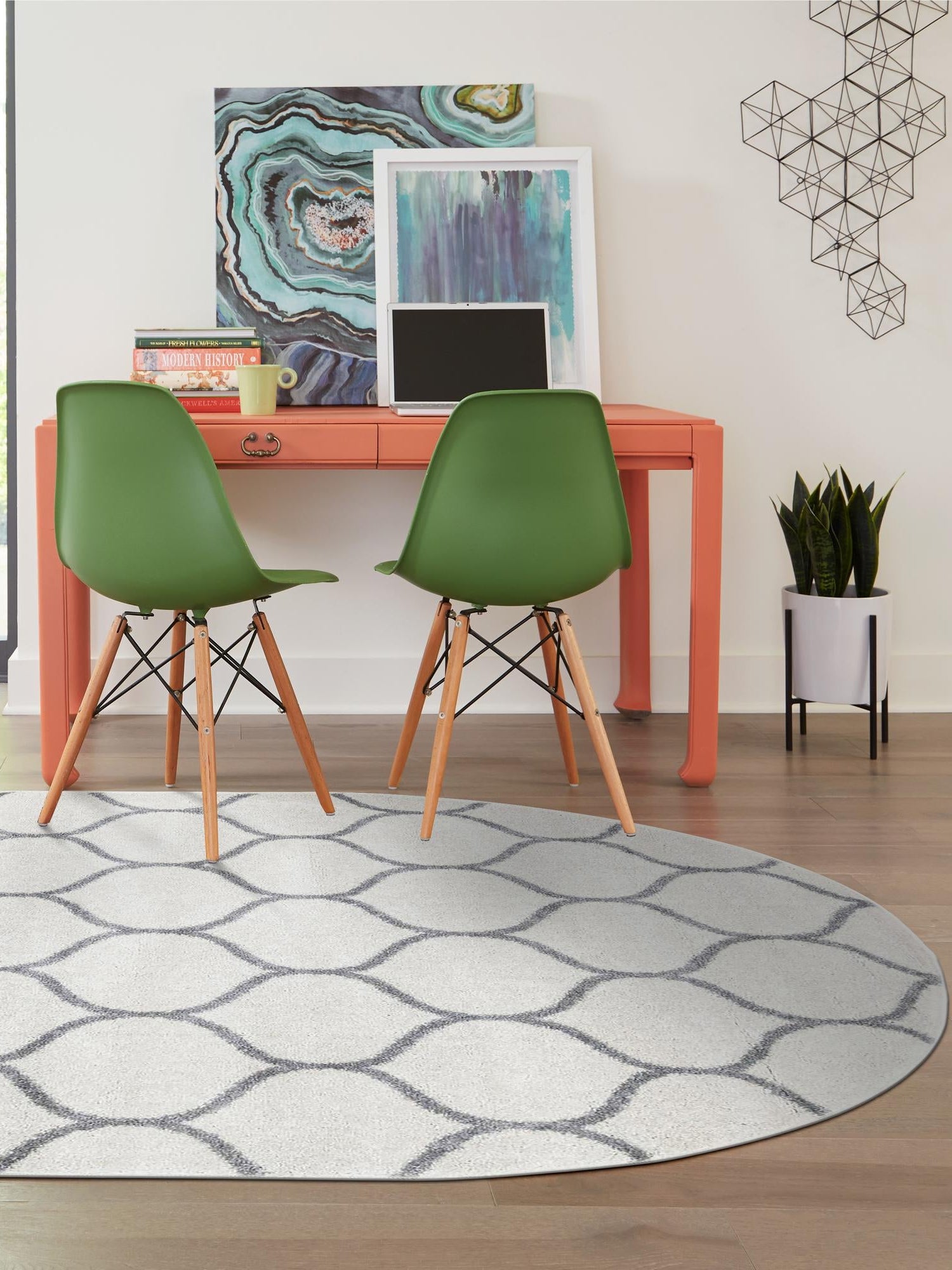 Ivory 4' 1 x 6' 1 Trellis Frieze Oval Area Rug Geometric Modern Unique Stain Resistant Easy Clean Carpet for Living, Dining, Bedrooms, Office for Sale at Rug Engine